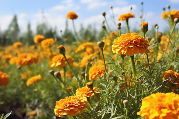 Marigold flowers in the garden on a background of blue sky