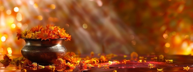 Marigold flowers in traditional Indian pot kalash on orange background with copy space Hindu Puja