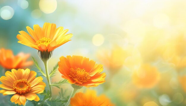 Marigold orange and yellow joyful calendula flowers on a blurred background