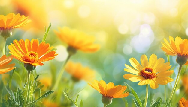 Marigold orange and yellow joyful calendula flowers on a blurred background