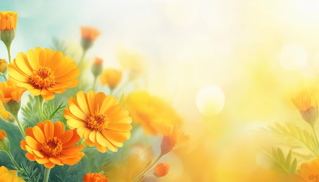 Marigold orange and yellow joyful calendula flowers on a blurred background