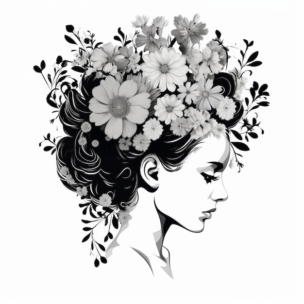 Photo marigold silhouette vector unique character design with black and white girl hair