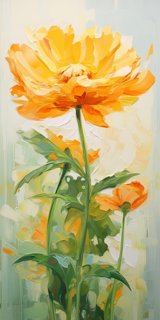 Marigold A Stunning Painting Of Orange Flower With Light Yellow And Emerald Green Colors