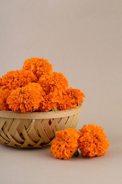 Marigold (Zendu Flowers) flowers in a bamboo basket