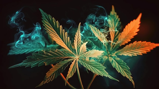Foto marihuana-cannabishennepbladeren met rook op een zwarte achtergrondmacro generatieve ai-illustratie