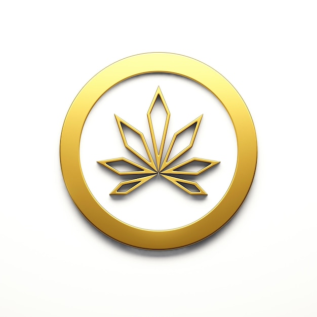 Marihuana minimalist verlaat cannabis gouden kleur cirkel pictogram stijl logo pictogram geïsoleerd op witte achtergrond 3d render illustratie