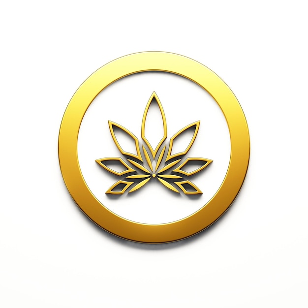 Marihuana minimalist verlaat cannabis gouden kleur cirkel pictogram stijl logo pictogram geïsoleerd op witte achtergrond 3D Render illustratie