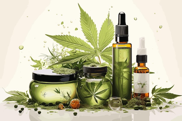 Marijuana and cannabis oil bottles vector Green Marijuana Leaves Cannabis leaf pills and capsules