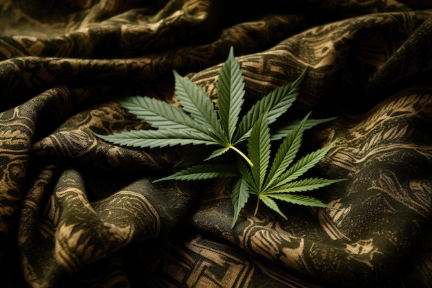 マリファナの葉と 暖かい大麻の布