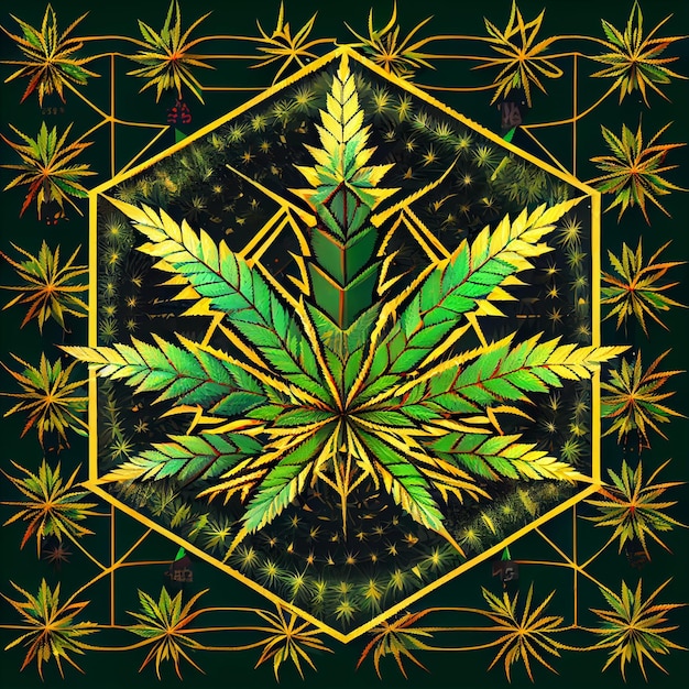 Marijuana leaf in a gold frame on a green background generative ai