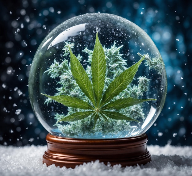 Marijuana leaf in a snow globe with snowflakes on the background