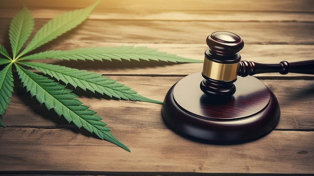 Photo a marijuana leaf and a wooden gavel isolated on white by cesium bulgy