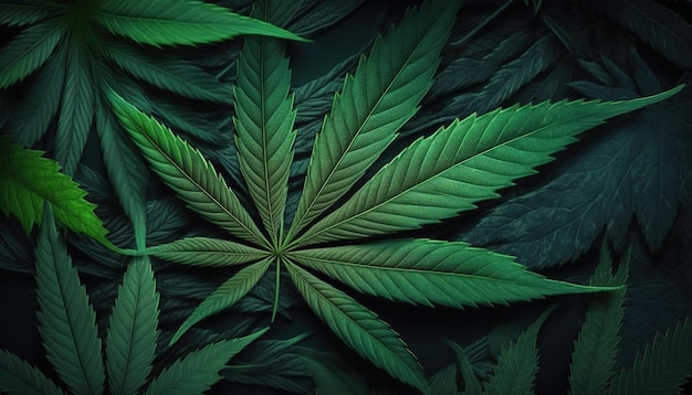 Marijuana leaves cannabis on a dark background a vibrant green background of cannabis leaves evokes