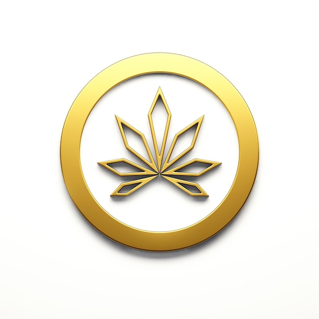 마리화나 미니멀리스트는 흰색 배경 3D 렌더링 그림에 격리된 대마초 황금색 원 아이콘 스타일 로고 아이콘을 남깁니다.