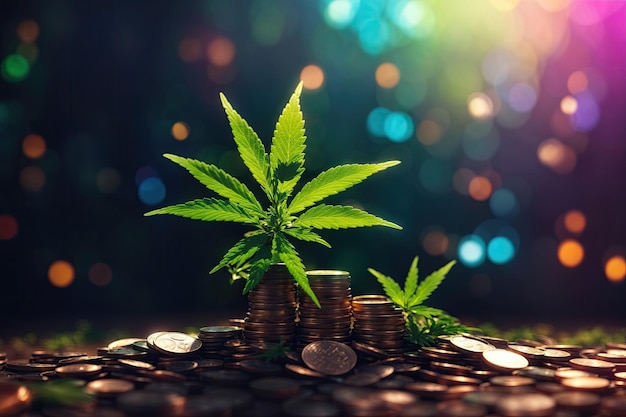 Marijuana Plant Growing In Savings Coins ai generative