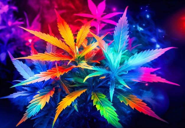 A marijuana plant is in a bright color on black background