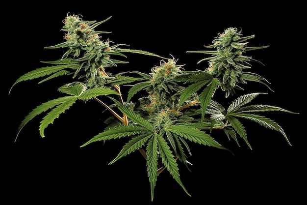 Marijuana plant with leaves and bud on black background