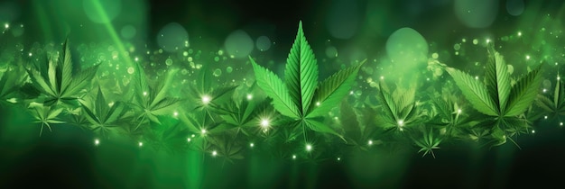 Marijuana plants on background Green background with hemp leaves Wide format
