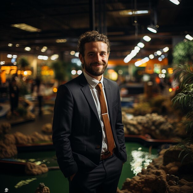 a marina finance bro at a indoor mini golf course