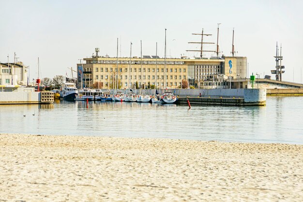 Marina and port with boat and yacht in Gdynia