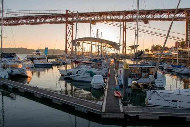 Photo a marina with boats and a bridge in the background