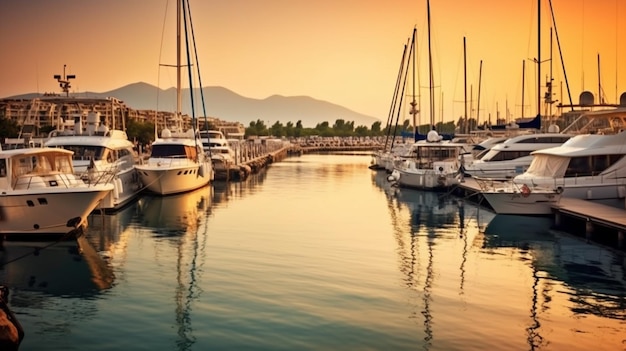 A marina with a sunset in the background