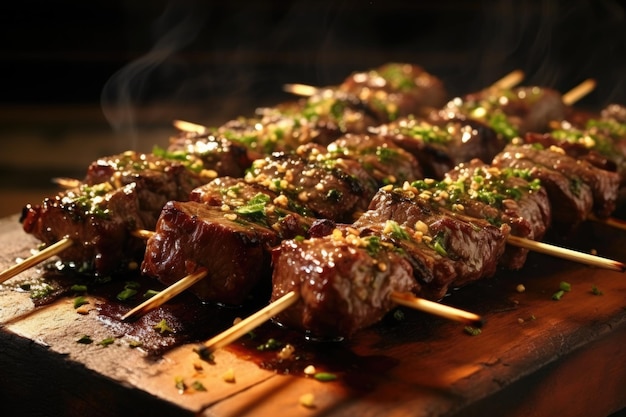 Marinadebrushed beef skewers grilling to perfection created with generative ai