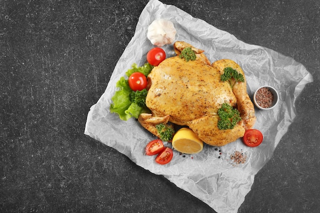 Marinaded chicken with garnish on parchment