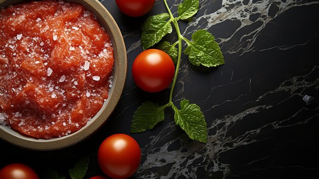 Foto marinara van bovenaf gecentreerd op witte granieten tafel