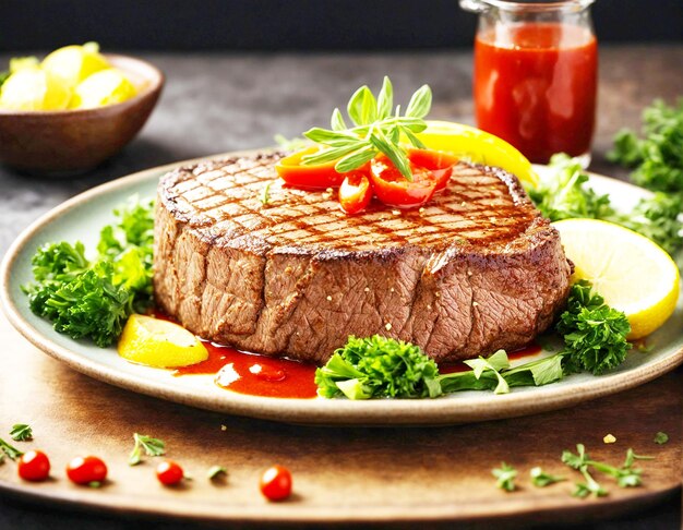野菜とレモンのケチャップで提供されるマリネートされた牛肉ステーキ
