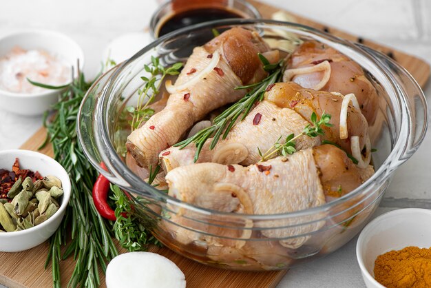 Marinated chicken drumsticks with soy sauce and seasonings