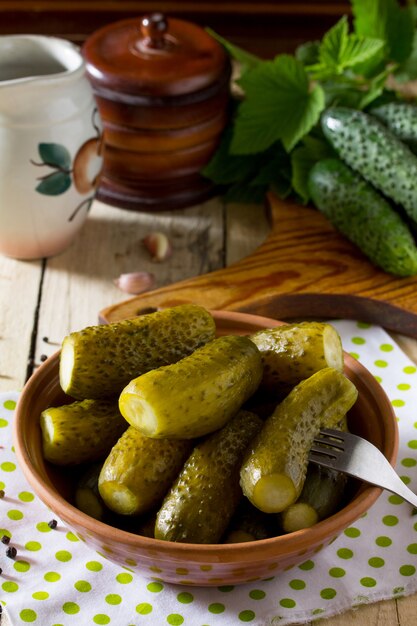 Marinated cucumbers in a ceramic bowl