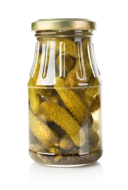 Marinated cucumbers in a glass jar isolated on white