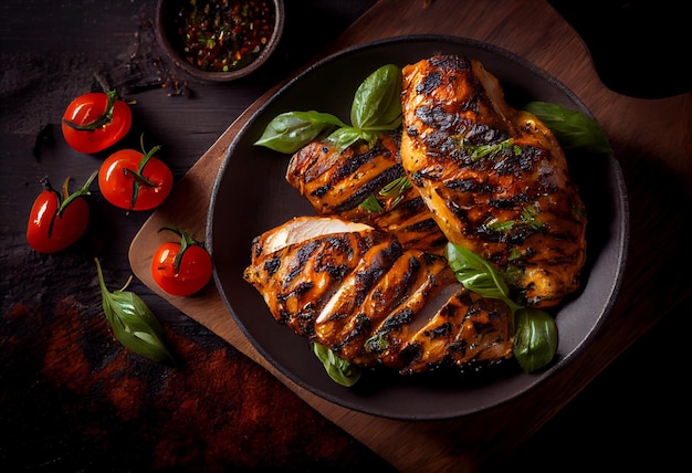 Marinated grilled healthy chicken breasts cooked on a summer BBQ and served with fresh herbs AI Generated