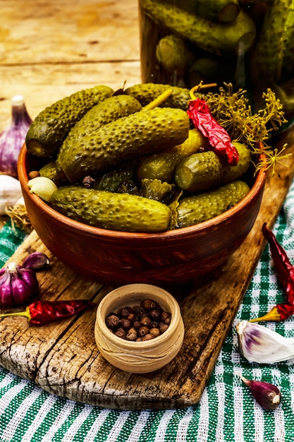 Marinated pickled cucumbers with spices and herbs