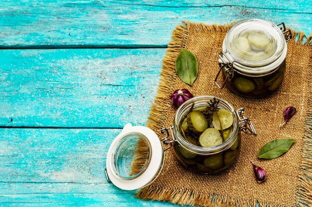 Marinated pickled cucumbers with spices and herbs