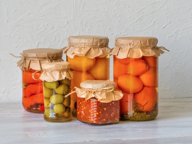 Marinated pickles variety preserving jars. Fermented homemade food