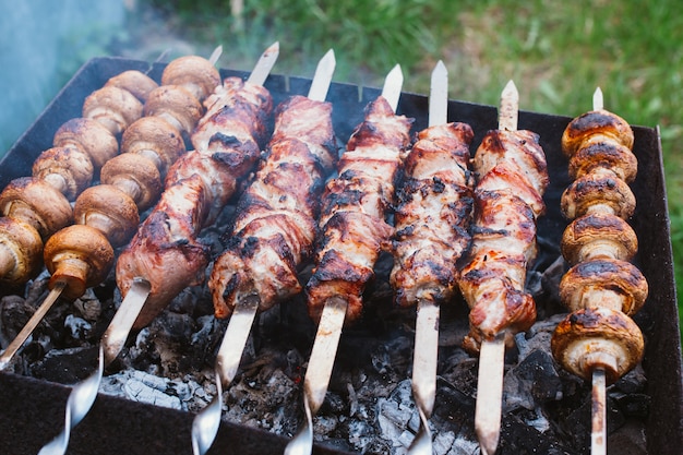 I pezzi di carne e funghi marinati sono grigliati su carbone