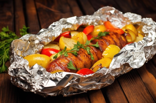 Marinated skewers wrapped in foil for barbeque