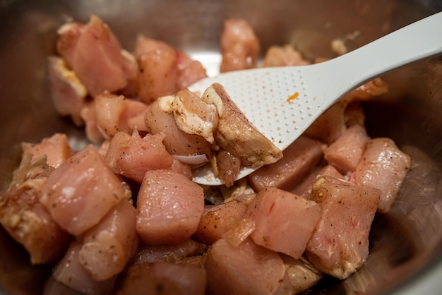 Marinated sliced pork pieces cooked and sliced in a barbecue bowl