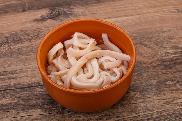 Marinated squid slices in the bowl