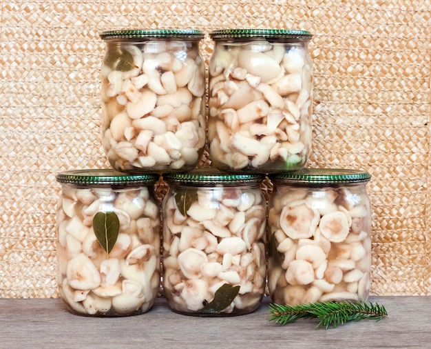 Marinated Suillus mushrooms in glass jars