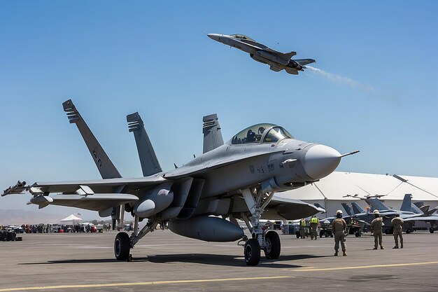 Photo marine aviators and support crew work on fa18 hornets during the air show in miramar ca on oct 3 2015 its the largest military air show worldwide