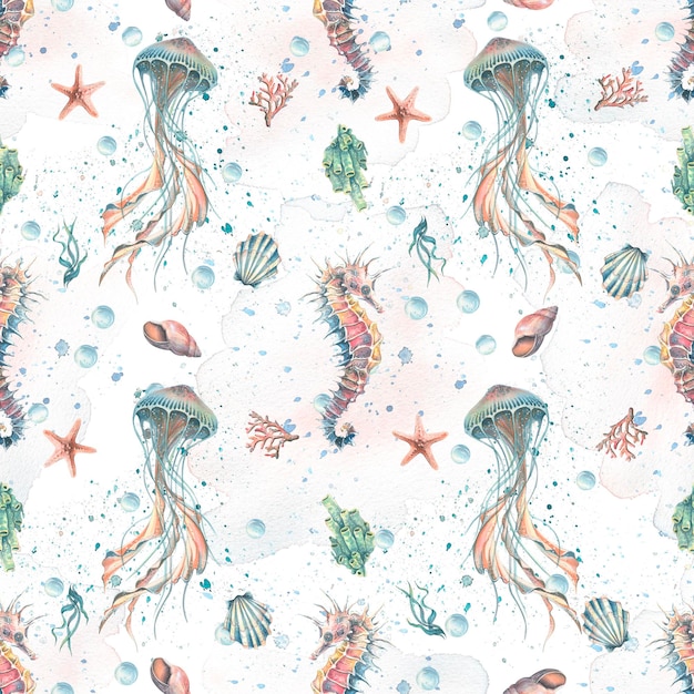 Marine background with hand drawn jellyfish and marine inhabitants