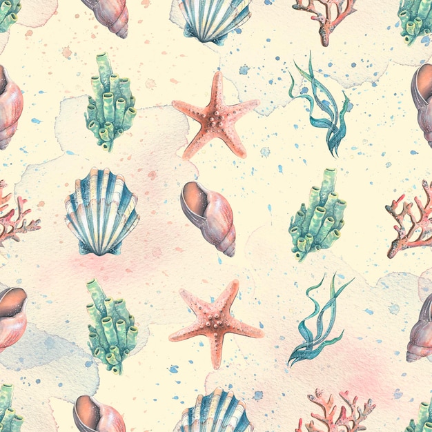 Marine background with hand drawn marine inhabitants