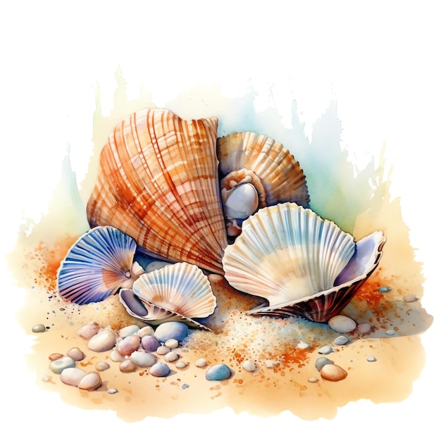 Marine colourfull sea shells watercolor illustration marine animals clipart