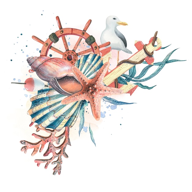 A marine composition with shells a starfish corals a steering wheel and a lifebuoy on watercolor spots with splashes of paint An illustration from the SYMPHONY OF THE SEA collection