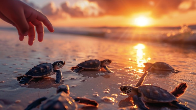 A marine conservation organization releasing baby sea turtles into the ocean at sunset symbolizing hope for the future of these endangered species