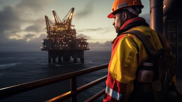 Photo marine deck officer or chief mate on deck of offshore vessel or ship wearing ppe personal protecti