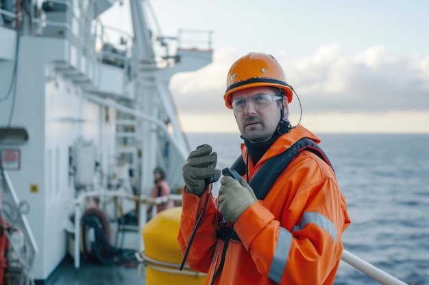 Marine Deck Officer or Chief mate on deck of offshore vessel or ship wearing PPE personal protective